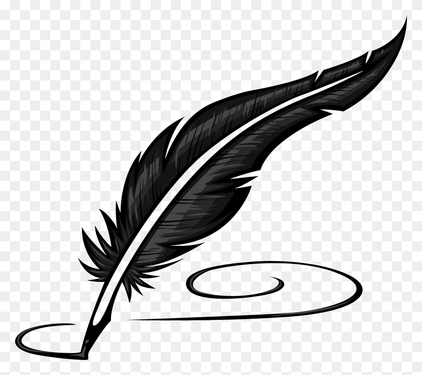 black and white ink drawing of a feather quill with ink trail drawn from quill tip.