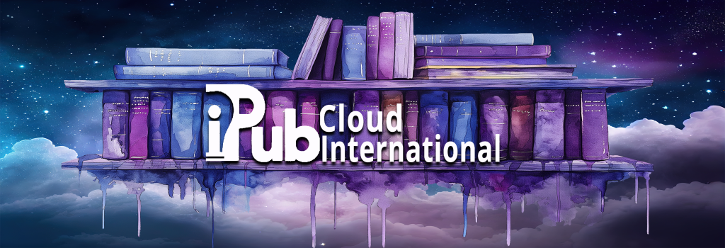 iPubCloud International banner, logo image over watercolor of bookshelves